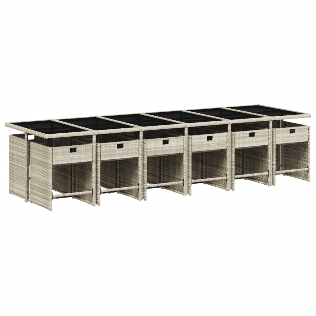 13 Pcs conj. jantar jardim c/ almofadões vime PE cinzento-claro