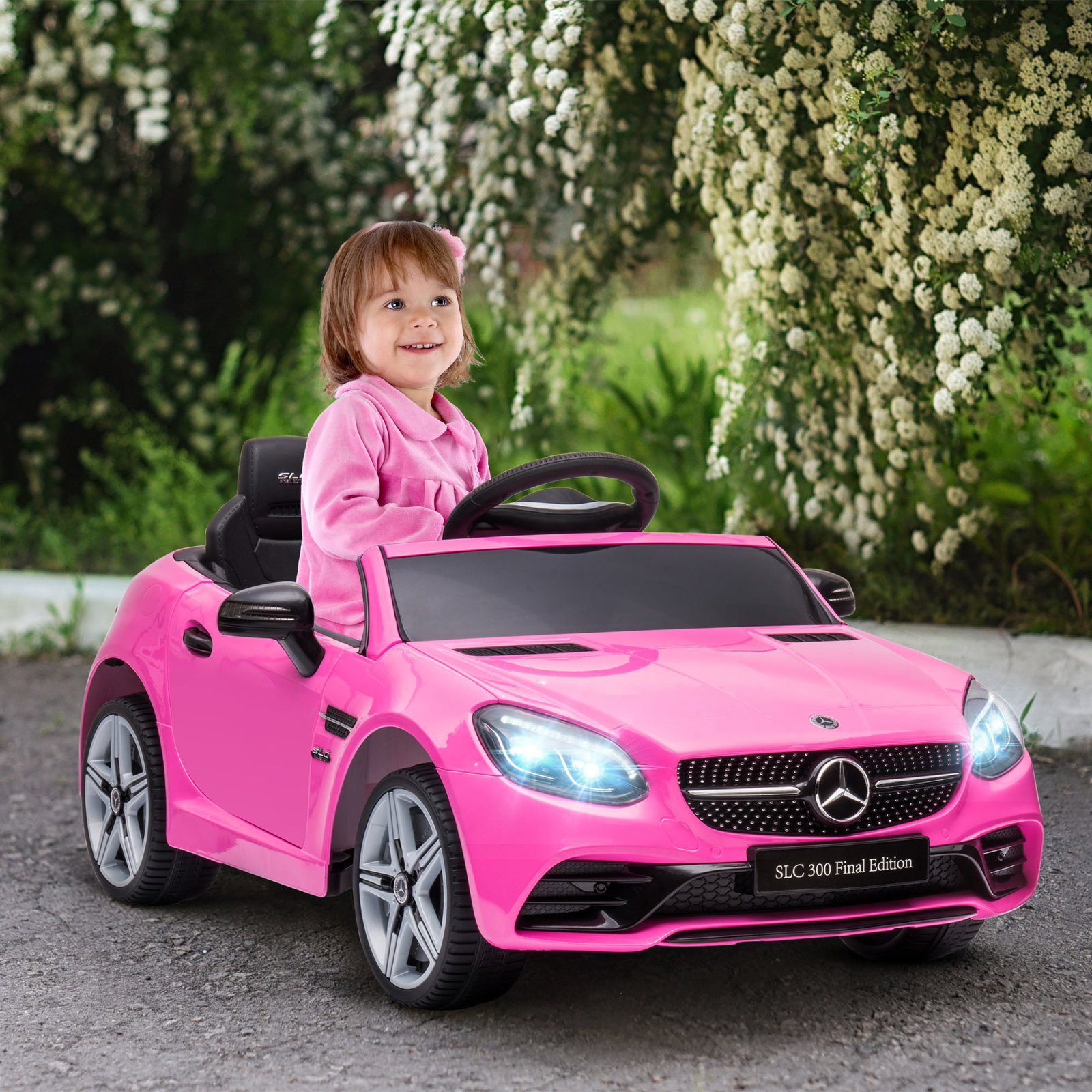Carro elétrico mercedes slc 300 12v para crianças de 3-6 anos com controlo remoto faróis LED buzina música tf USB e abertura da porta 3-5km/h 107x62,5x44cm rosa