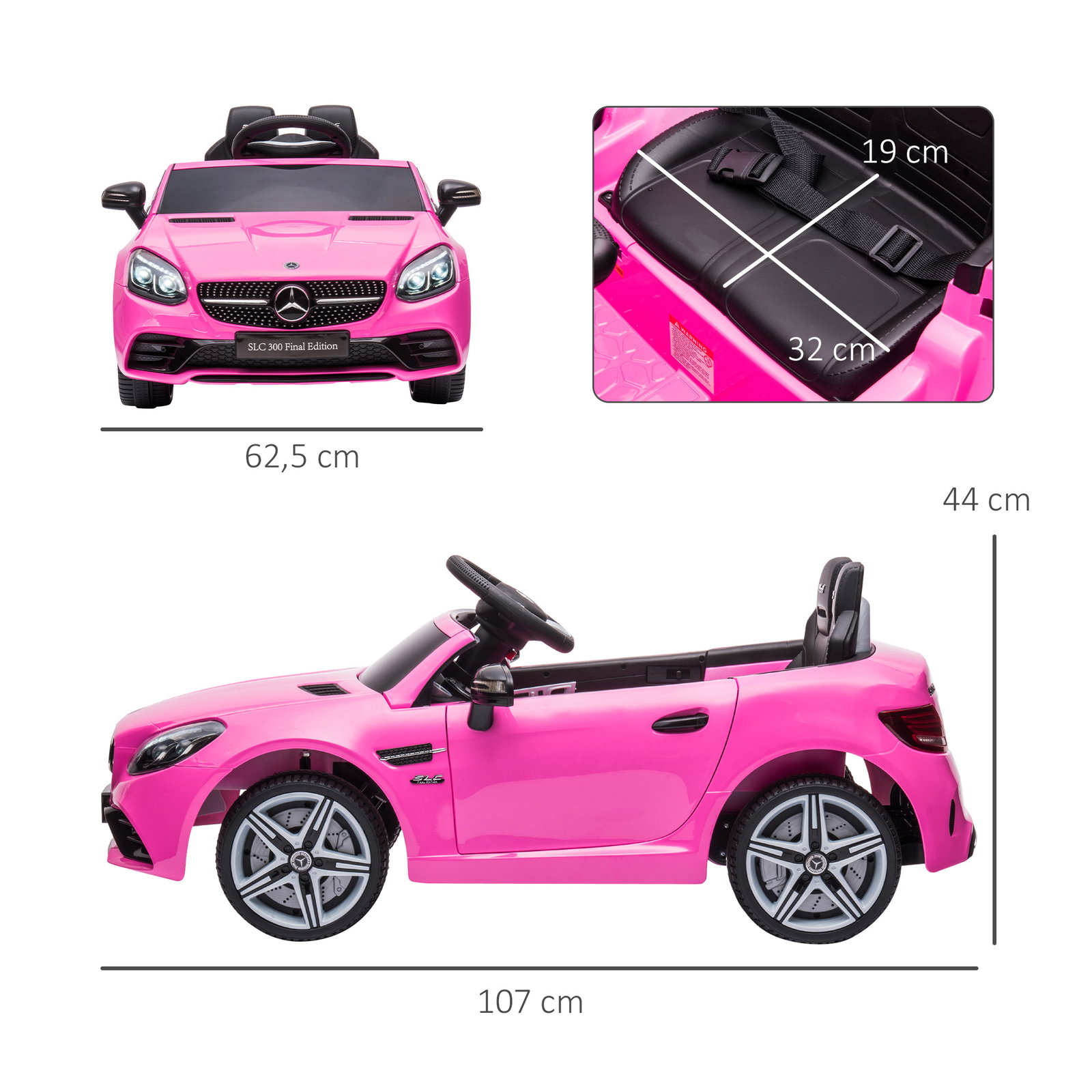 Carro elétrico mercedes slc 300 12v para crianças de 3-6 anos com controlo remoto faróis LED buzina música tf USB e abertura da porta 3-5km/h 107x62,5x44cm rosa