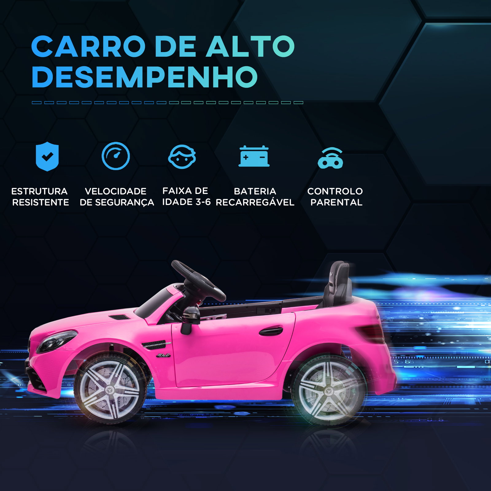 Carro elétrico mercedes slc 300 12v para crianças de 3-6 anos com controlo remoto faróis LED buzina música tf USB e abertura da porta 3-5km/h 107x62,5x44cm rosa