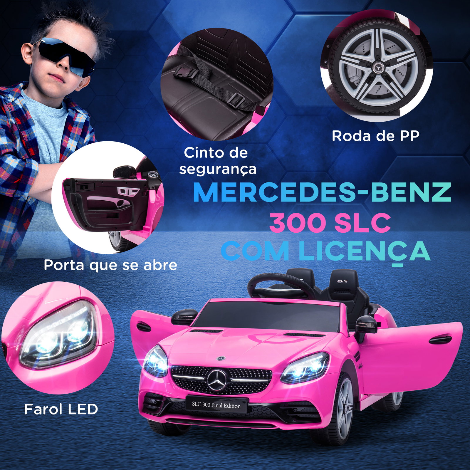 Carro elétrico mercedes slc 300 12v para crianças de 3-6 anos com controlo remoto faróis LED buzina música tf USB e abertura da porta 3-5km/h 107x62,5x44cm rosa