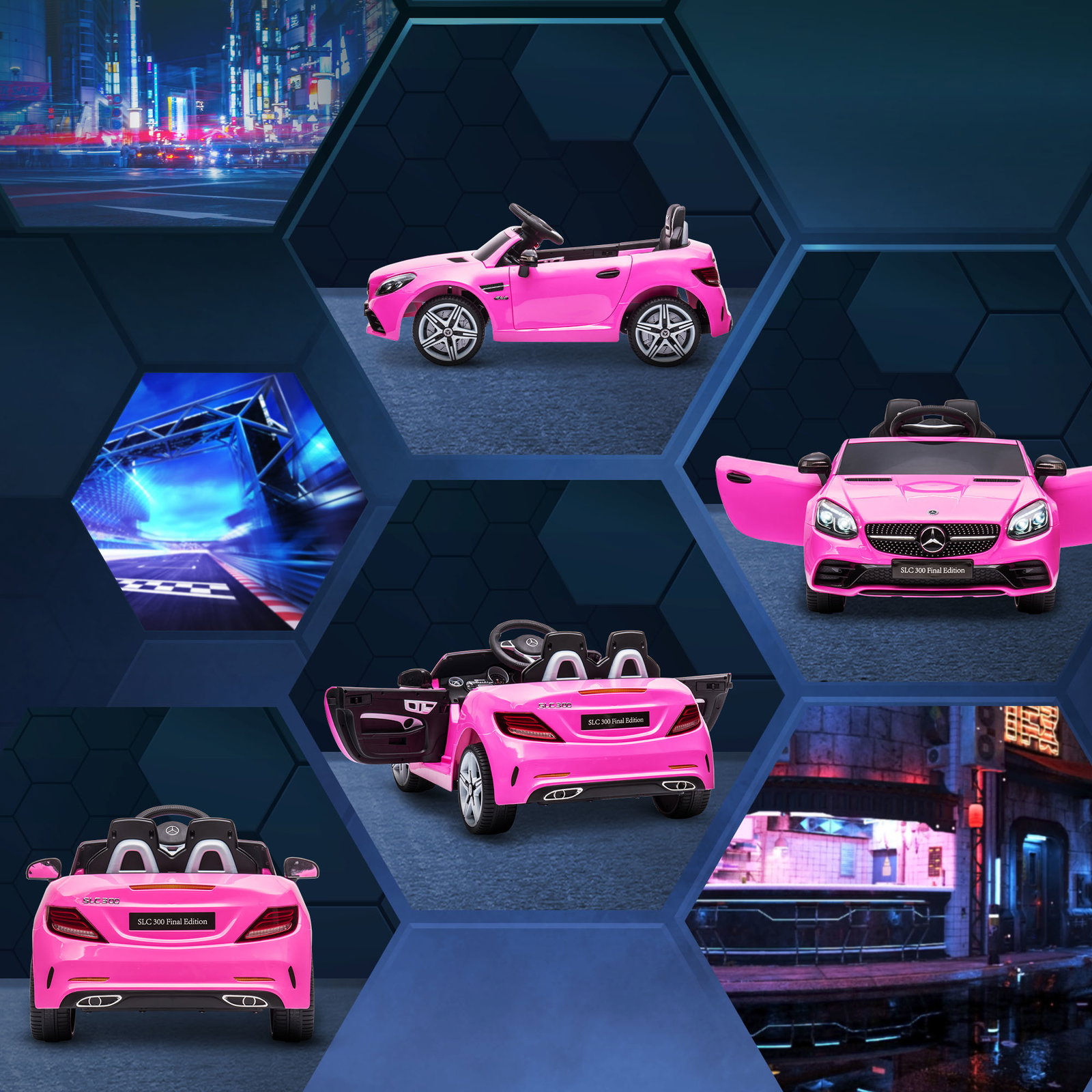 Carro elétrico mercedes slc 300 12v para crianças de 3-6 anos com controlo remoto faróis LED buzina música tf USB e abertura da porta 3-5km/h 107x62,5x44cm rosa