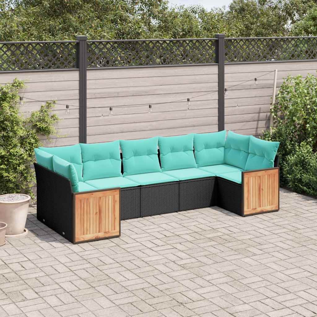 Conjunto de sofá de jardim com 7 peças e almofadas em rattan sintético preto