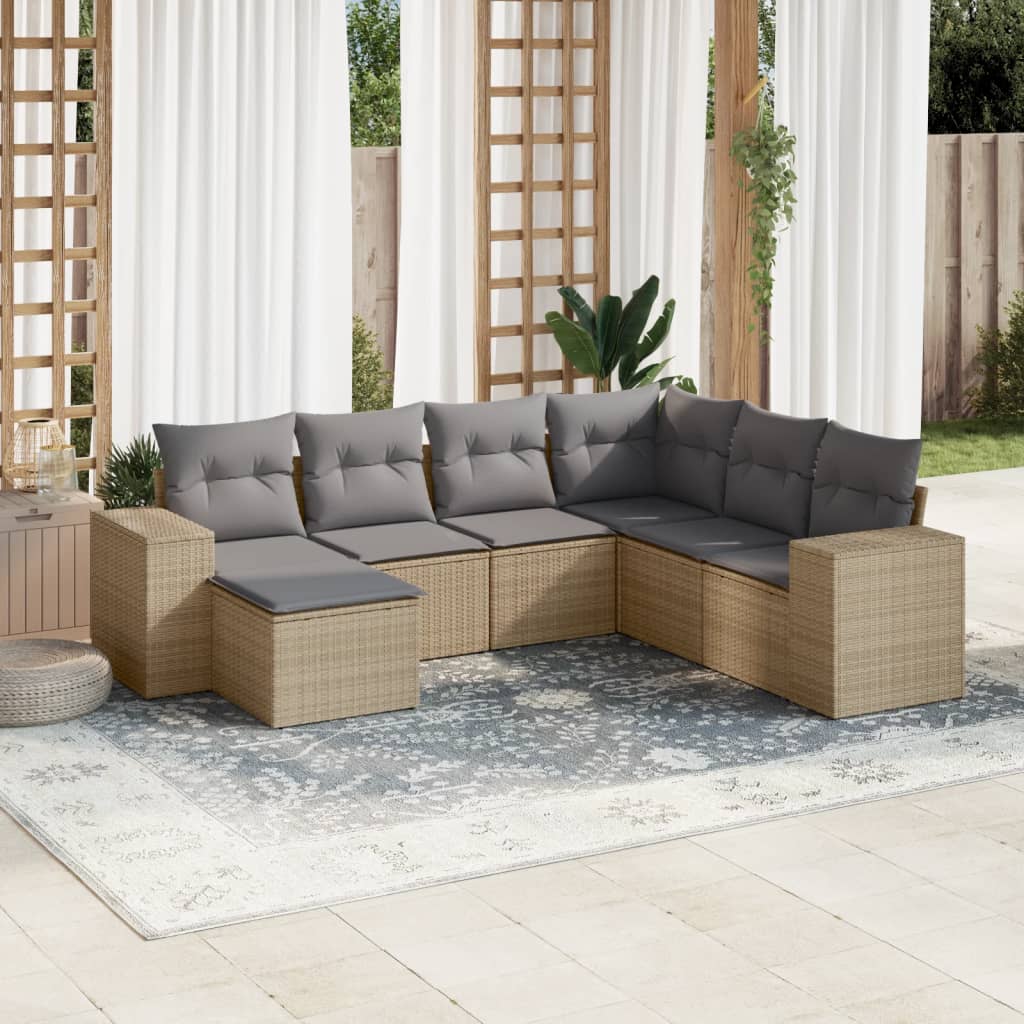 7 Pcs conjunto de sofás p/ jardim com almofadões vime PE bege