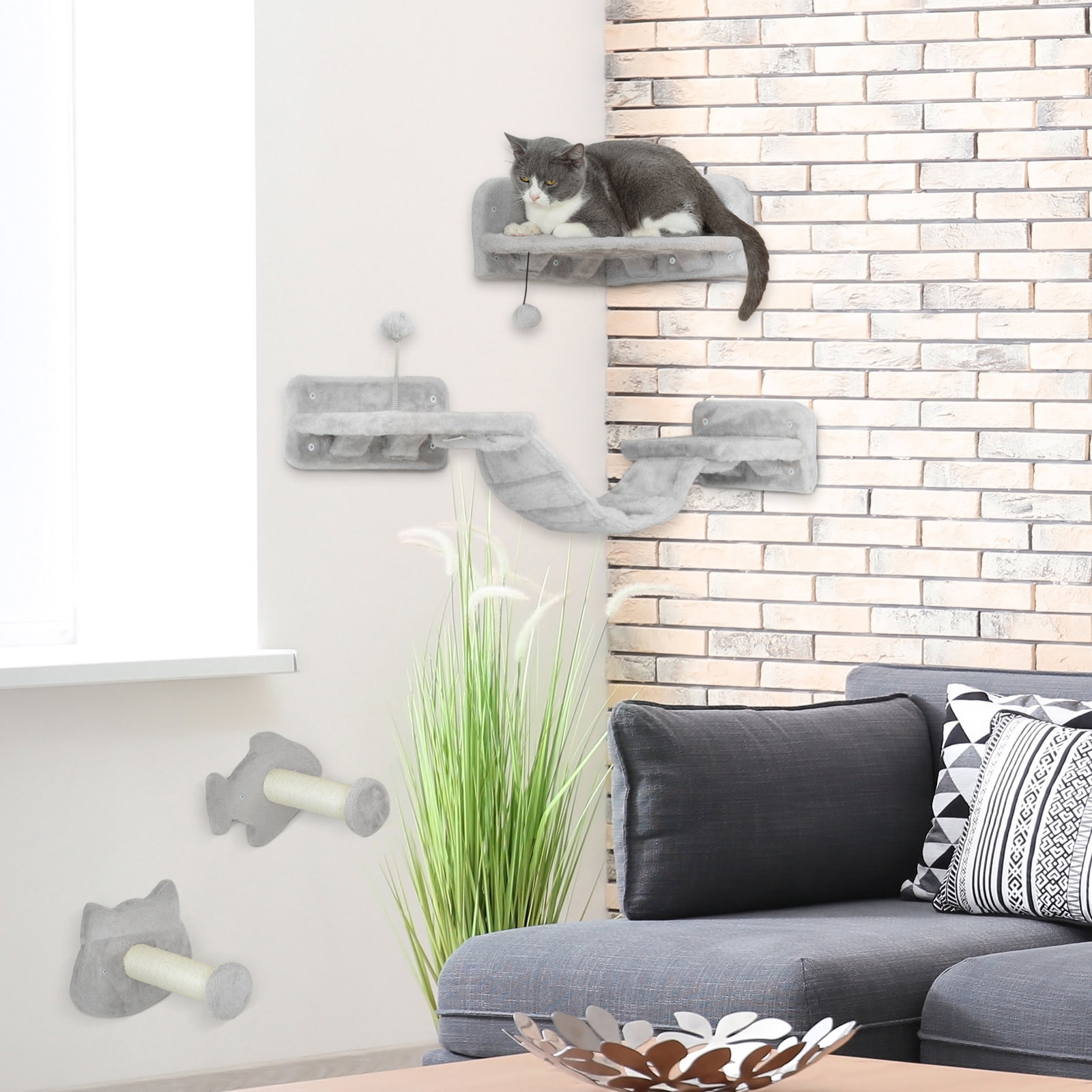Conjunto de prateleiras de escalada para gatos de 4 peças com 2 postes de sisal e plataforma para saltar cinzento