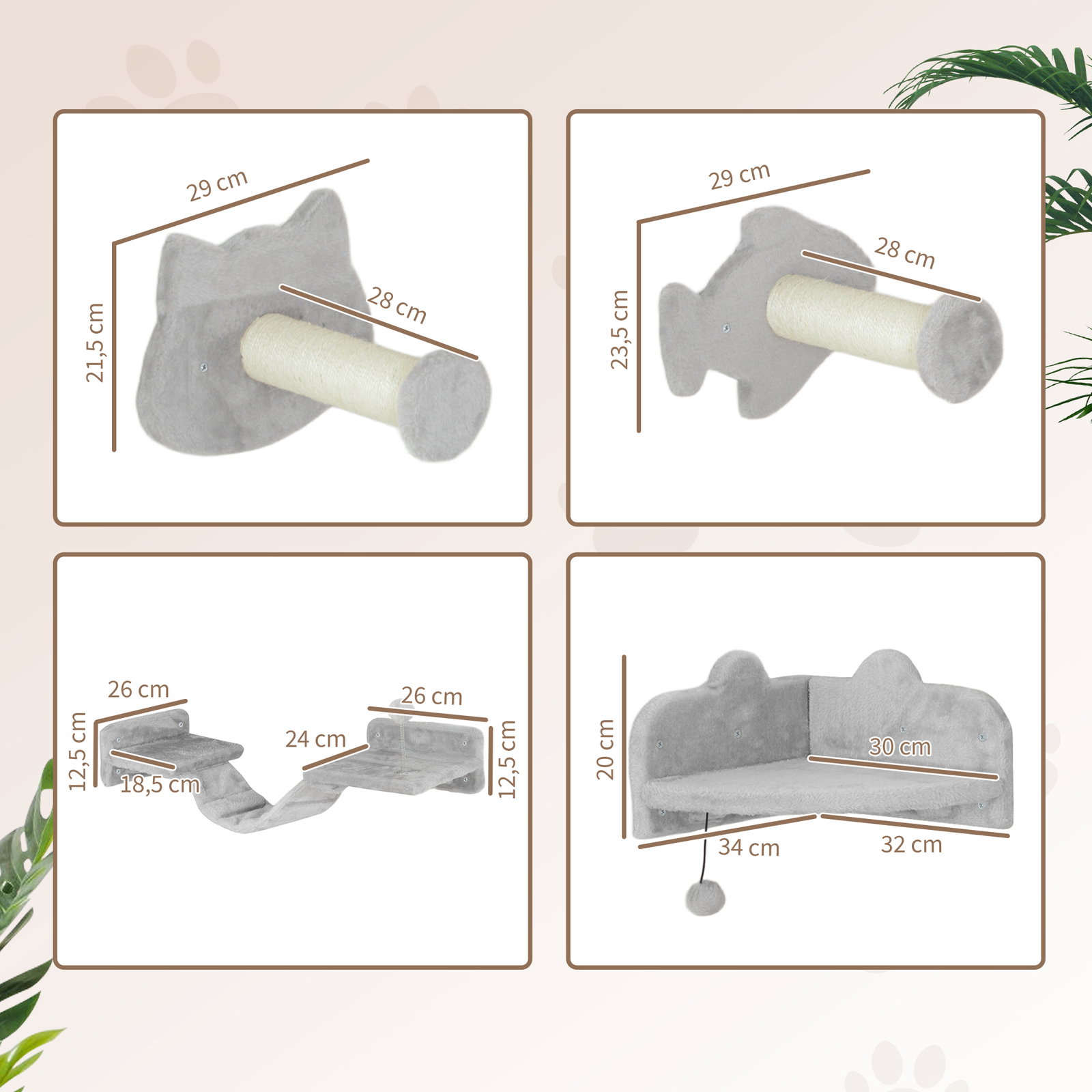 Conjunto de prateleiras de escalada para gatos de 4 peças com 2 postes de sisal e plataforma para saltar cinzento