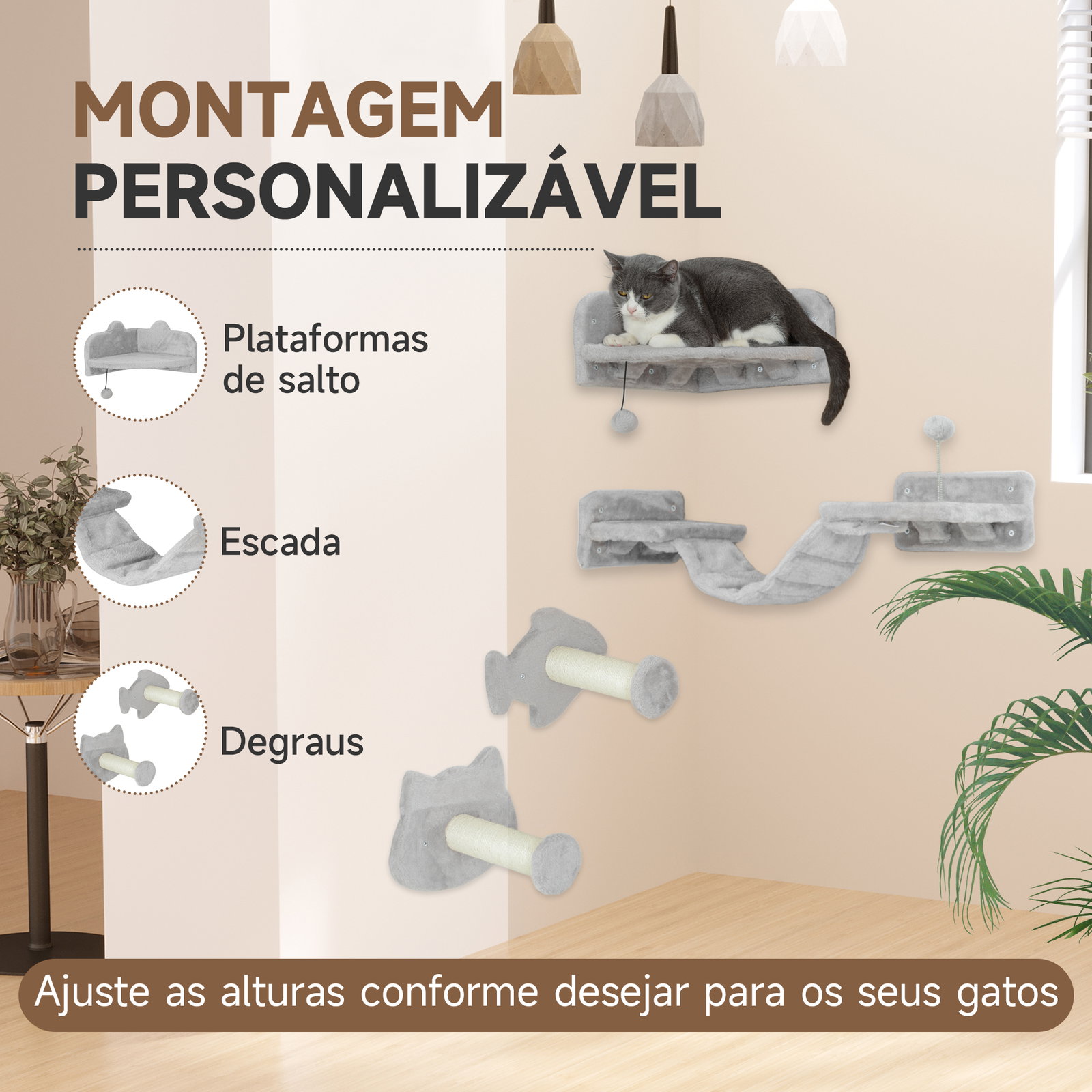 Conjunto de prateleiras de escalada para gatos de 4 peças com 2 postes de sisal e plataforma para saltar cinzento