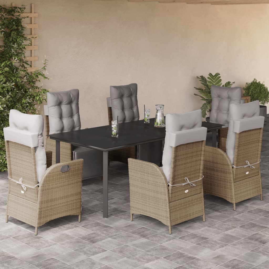 7 Pcs conj. jantar jardim c/ almofadões vime PE bege misturado