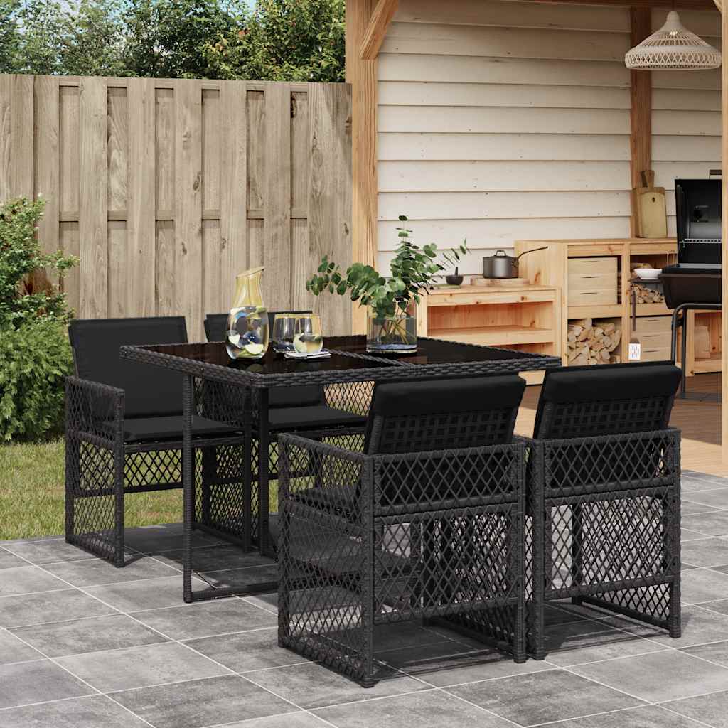 5 Pcs conjunto de jantar p/ jardim c/ almofadões vime PE preto