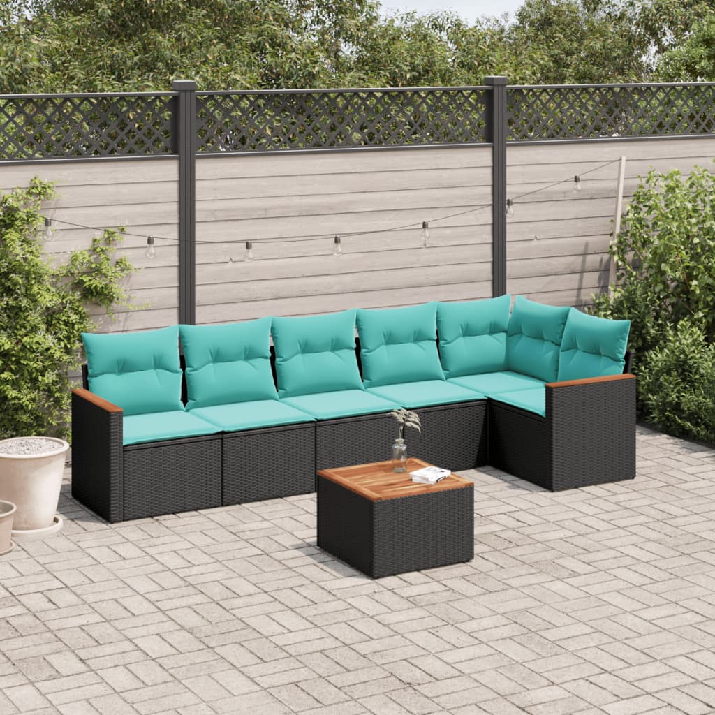 Conjunto de sofá de jardim com 7 peças e almofadas em rattan sintético preto