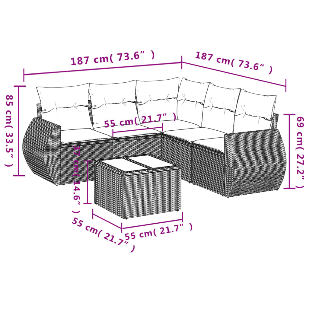6 Pcs conjunto de sofás p/ jardim com almofadões vime PE bege