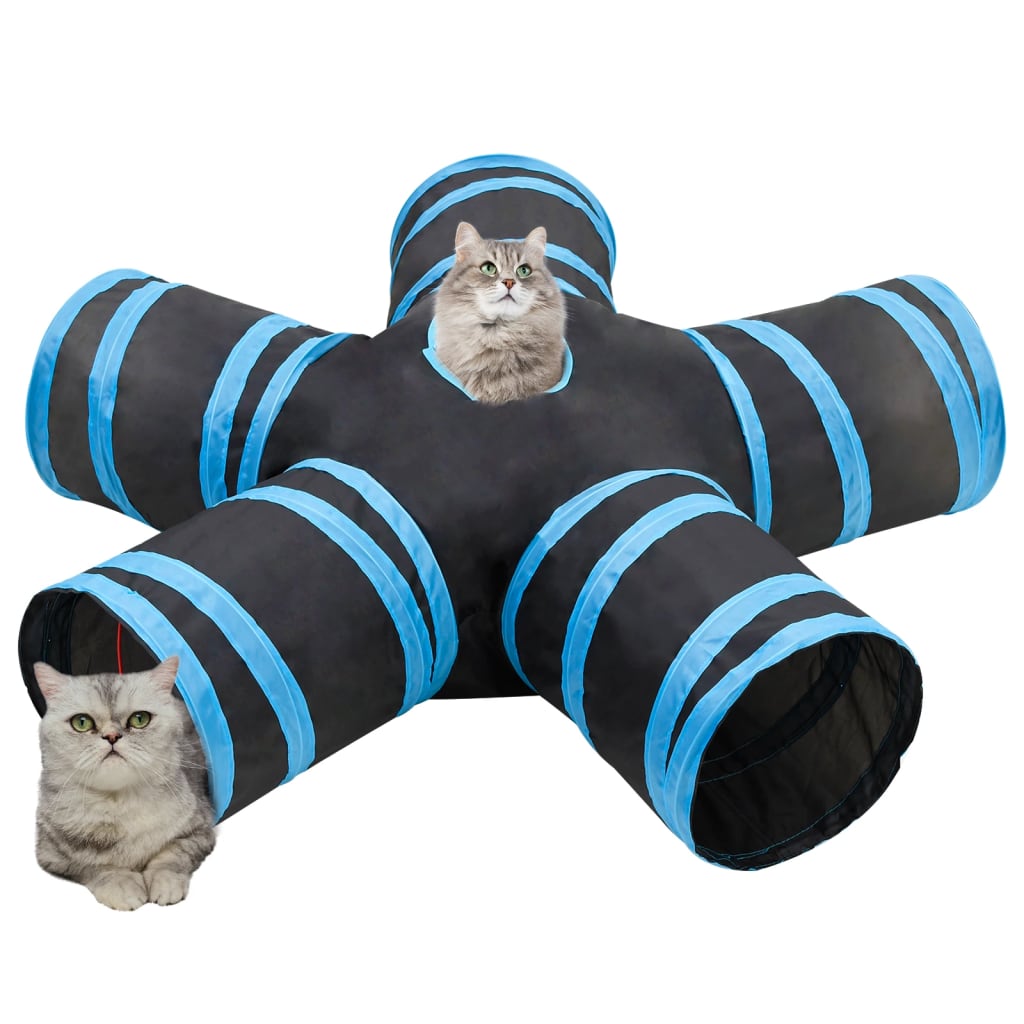Túnel para gatos 5 vias 25 cm poliéster preto e azul