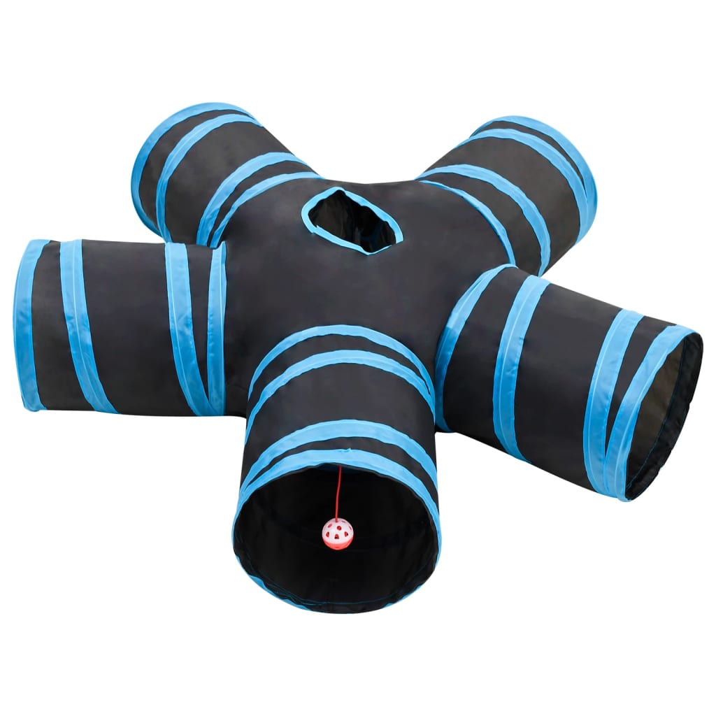 Túnel para gatos 5 vias 25 cm poliéster preto e azul