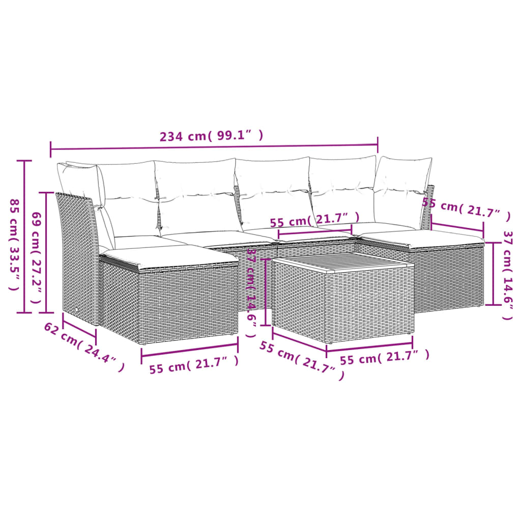 7 Pcs conjunto de sofás p/ jardim com almofadões vime PE bege