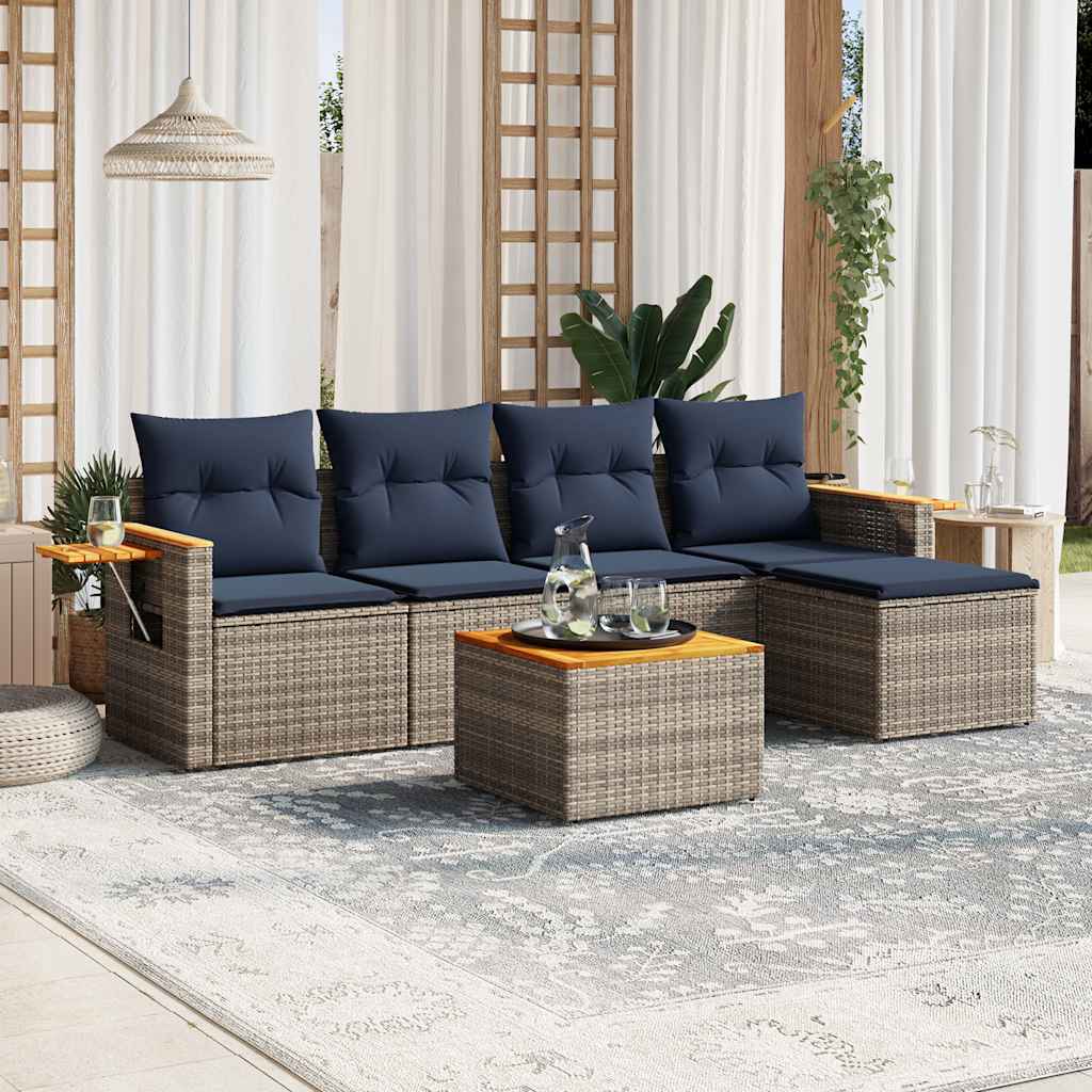6 Pcs conjunto sofás p/ jardim c/ almofadões vime PE cinzento
