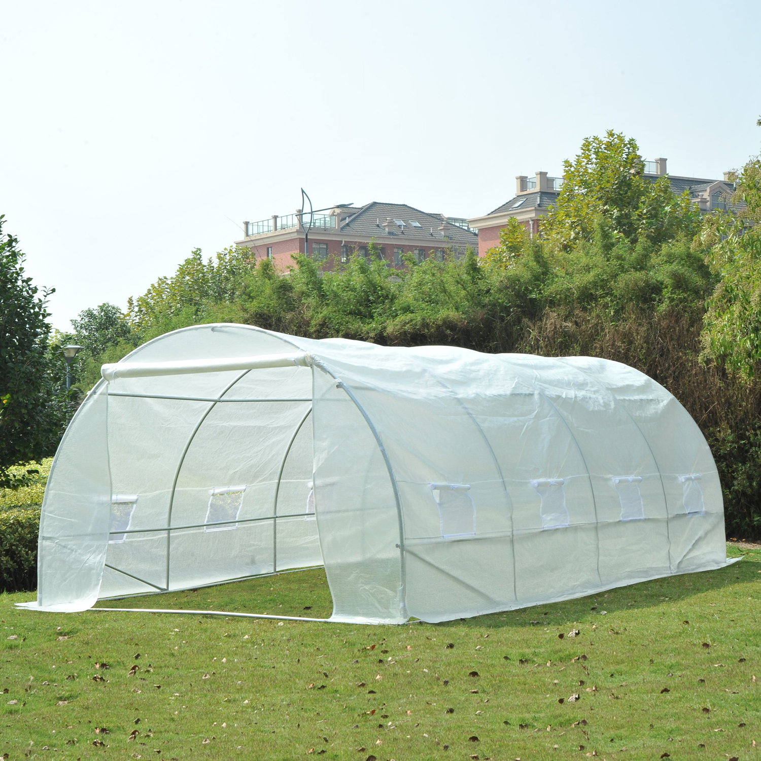 Estufa tipo túnel 595x300x200 cm com 8 janelas e cobertura de polietileno para cultivo de plantas estrutura de aço 24mm para jardim branco