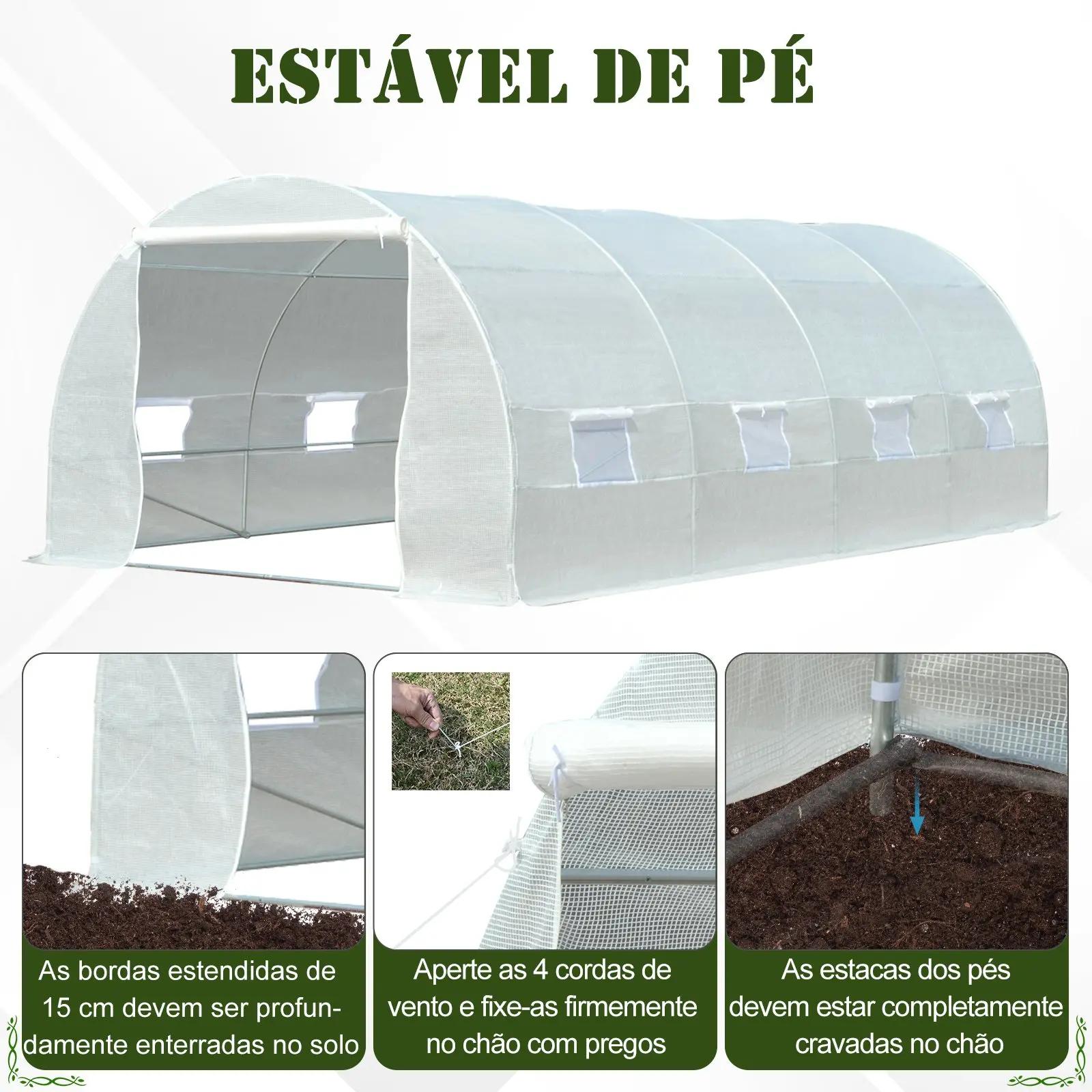Estufa tipo túnel 595x300x200 cm com 8 janelas e cobertura de polietileno para cultivo de plantas estrutura de aço 24mm para jardim branco