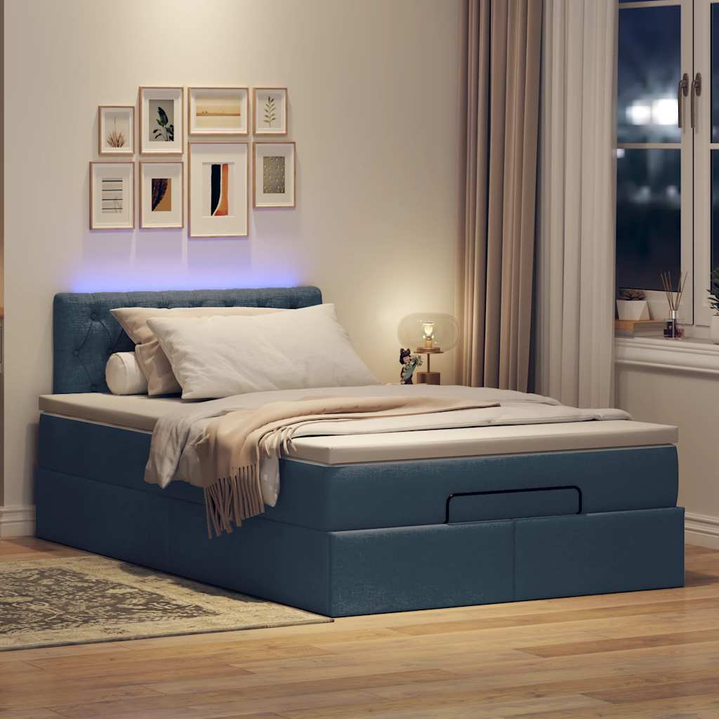 Cama otomana com colchão & leds 120x190cm tecido azul