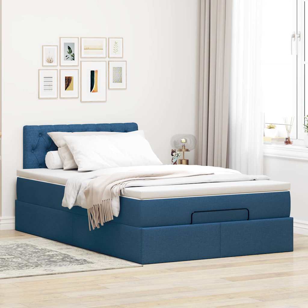 Cama otomana com colchão & leds 120x190cm tecido azul