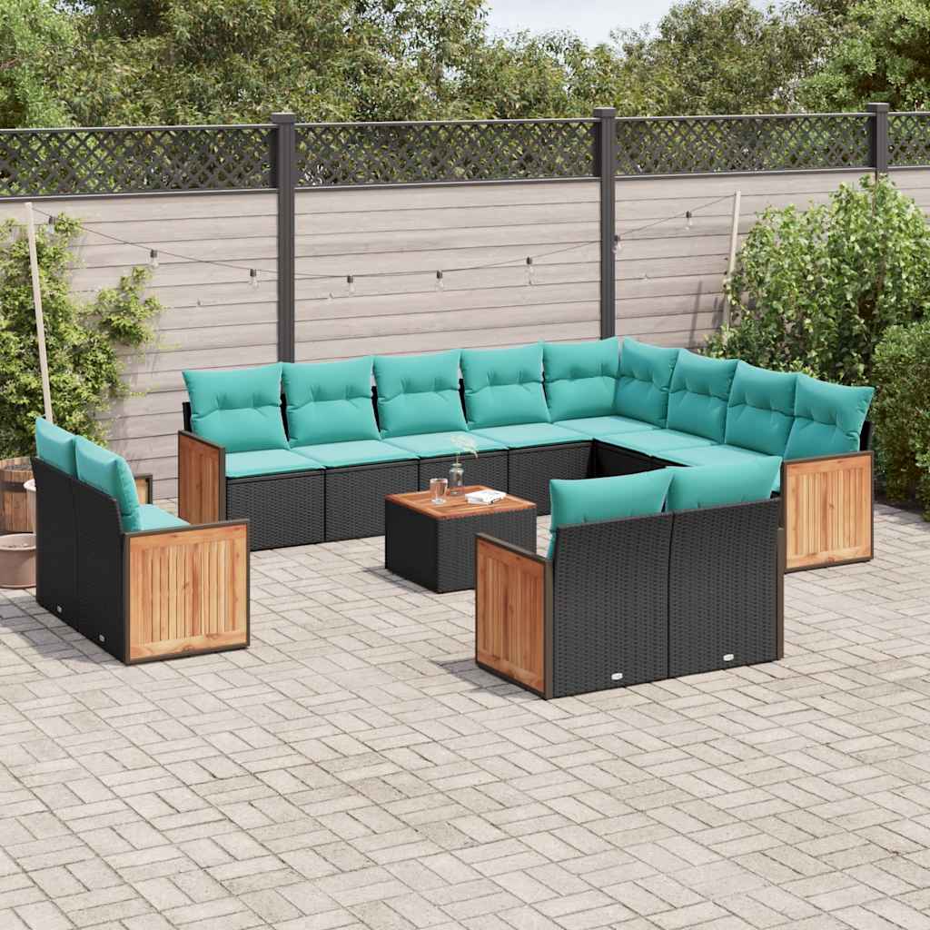 Conjunto de sofá de jardim com 13 peças e almofadas em rattan sintético preto