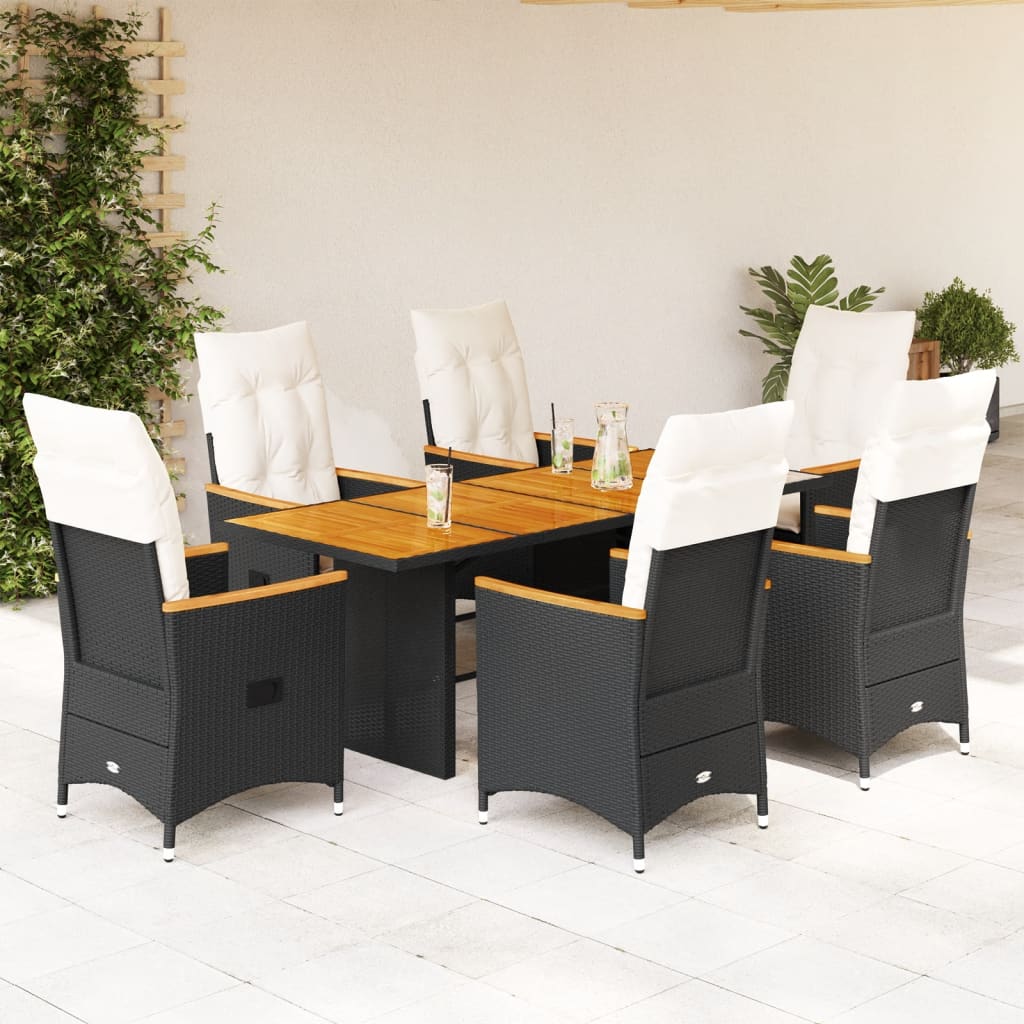 7 Pcs conjunto de jantar p/ jardim c/ almofadões vime PE preto