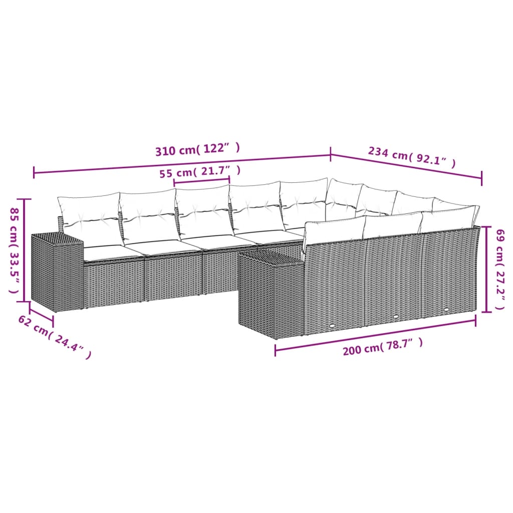 10 Pcs conjunto sofás de jardim c/ almofadões vime PE preto