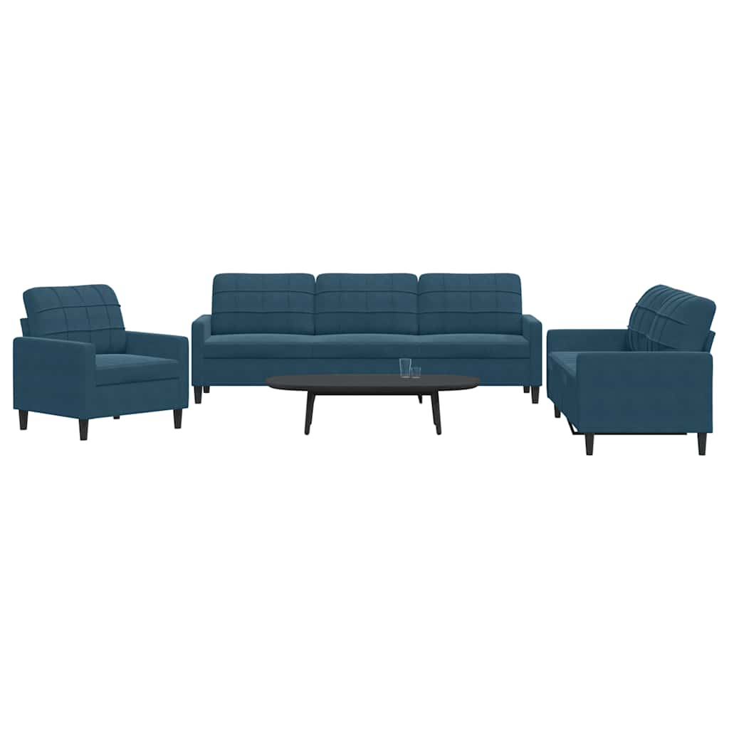 3 Pcs conjunto de sofás com almofadões veludo azul