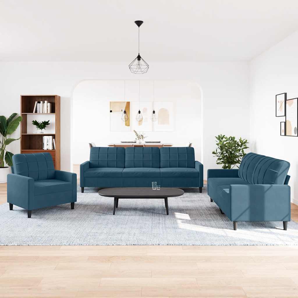 3 Pcs conjunto de sofás com almofadões veludo azul