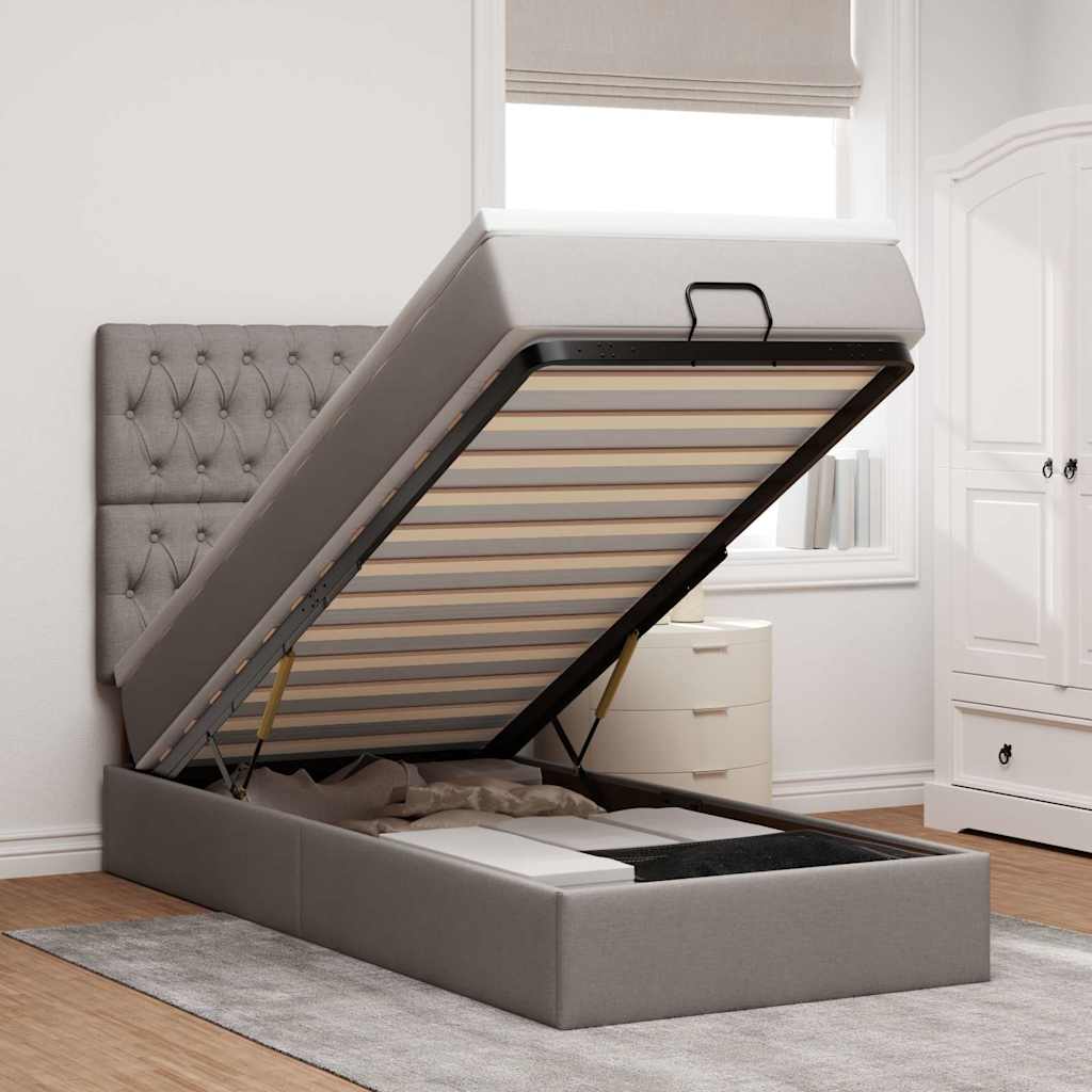 Estrutura de cama otomana com colchão tecido cinzento 90x190cm