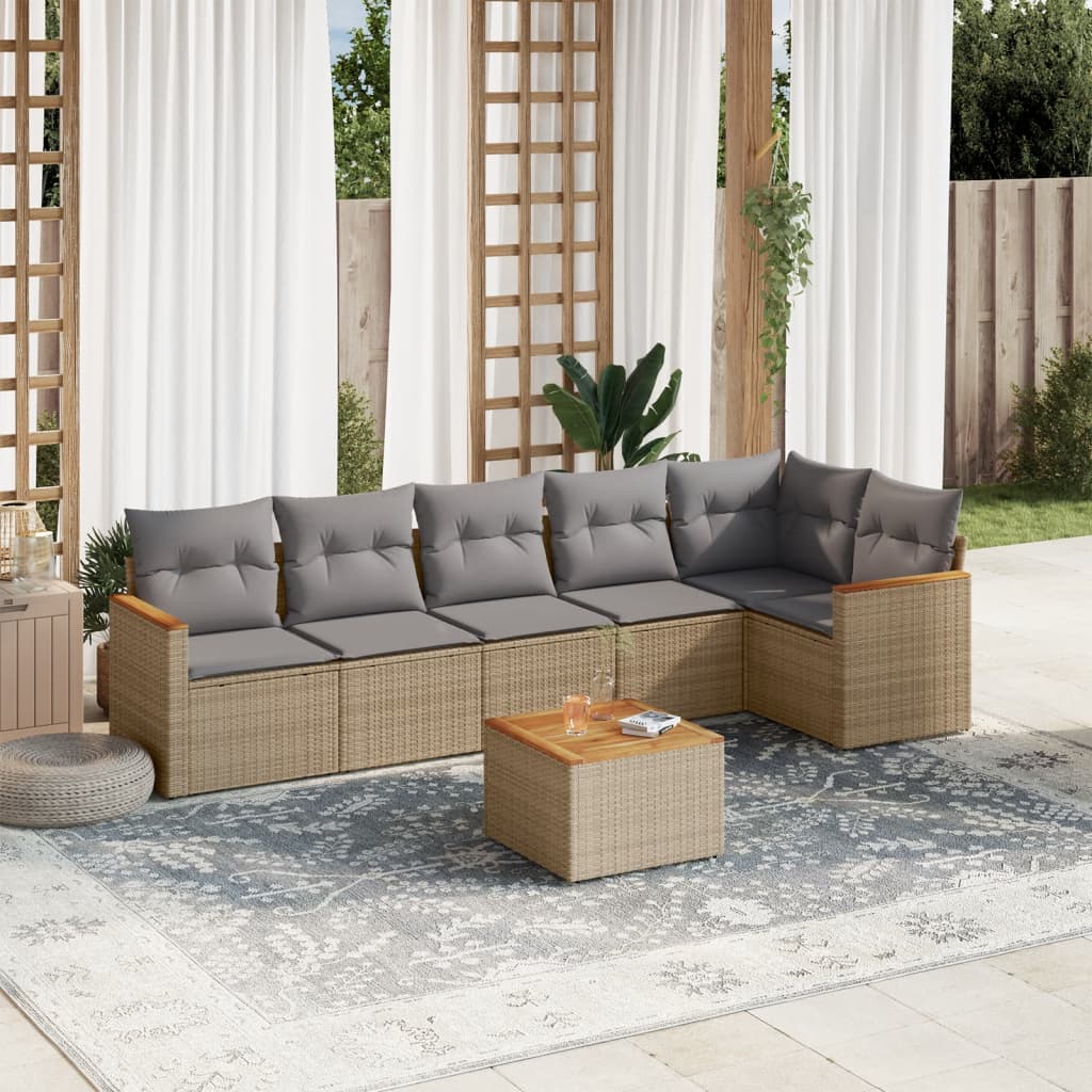 7 Pcs conj. sofás jardim c/ almofadões vime PE bege misturado