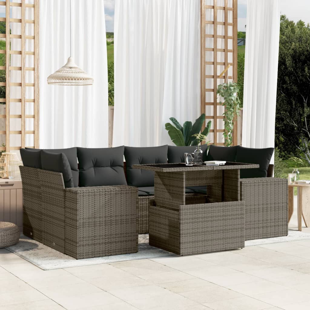 7 Pcs conjunto sofás p/ jardim c/ almofadões vime PE cinzento
