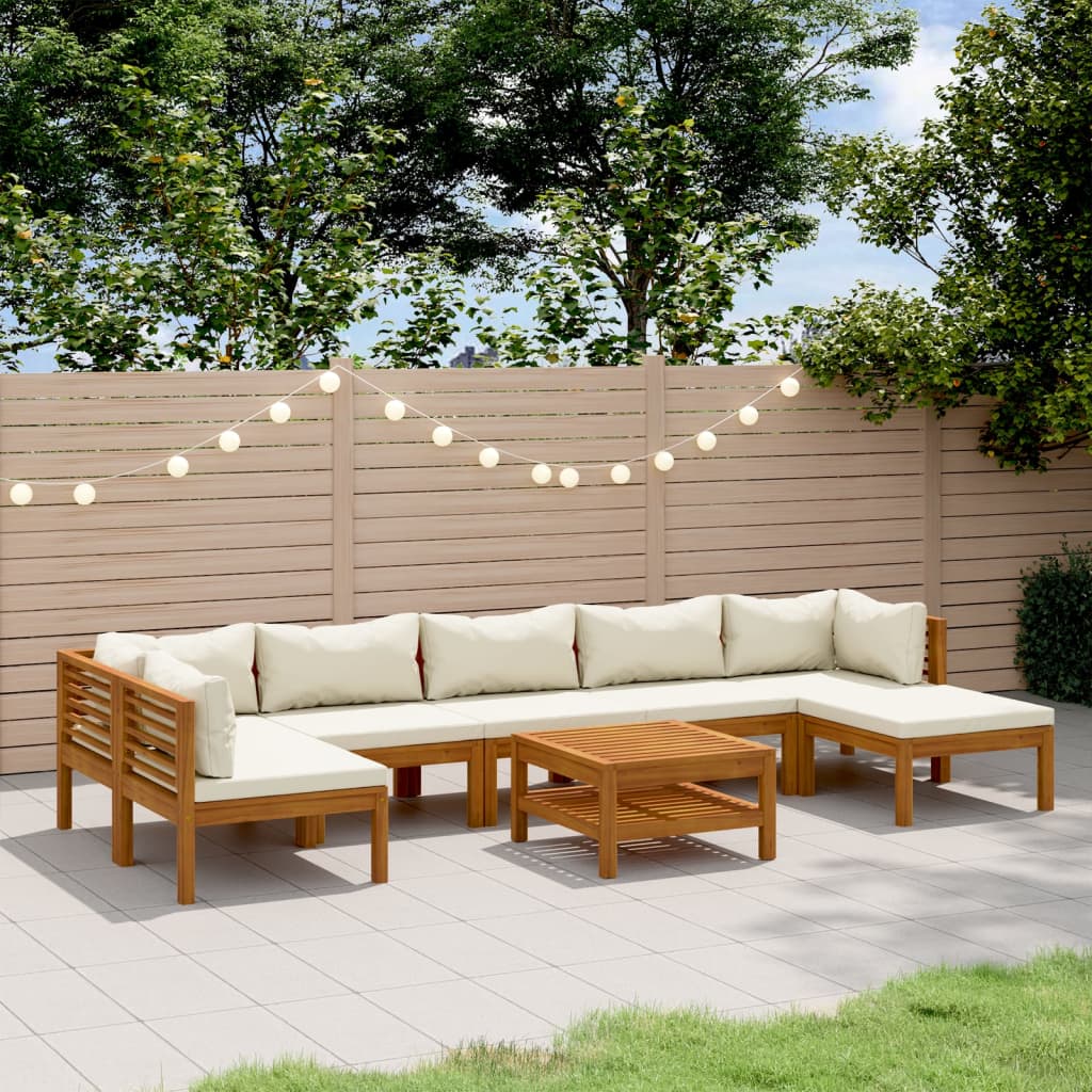 8 Pcs conjunto lounge jardim c/ almofadões creme acácia maciça