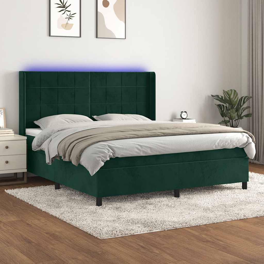 Cama box spring c/ colchão/LED 180x200 cm veludo verde-escuro