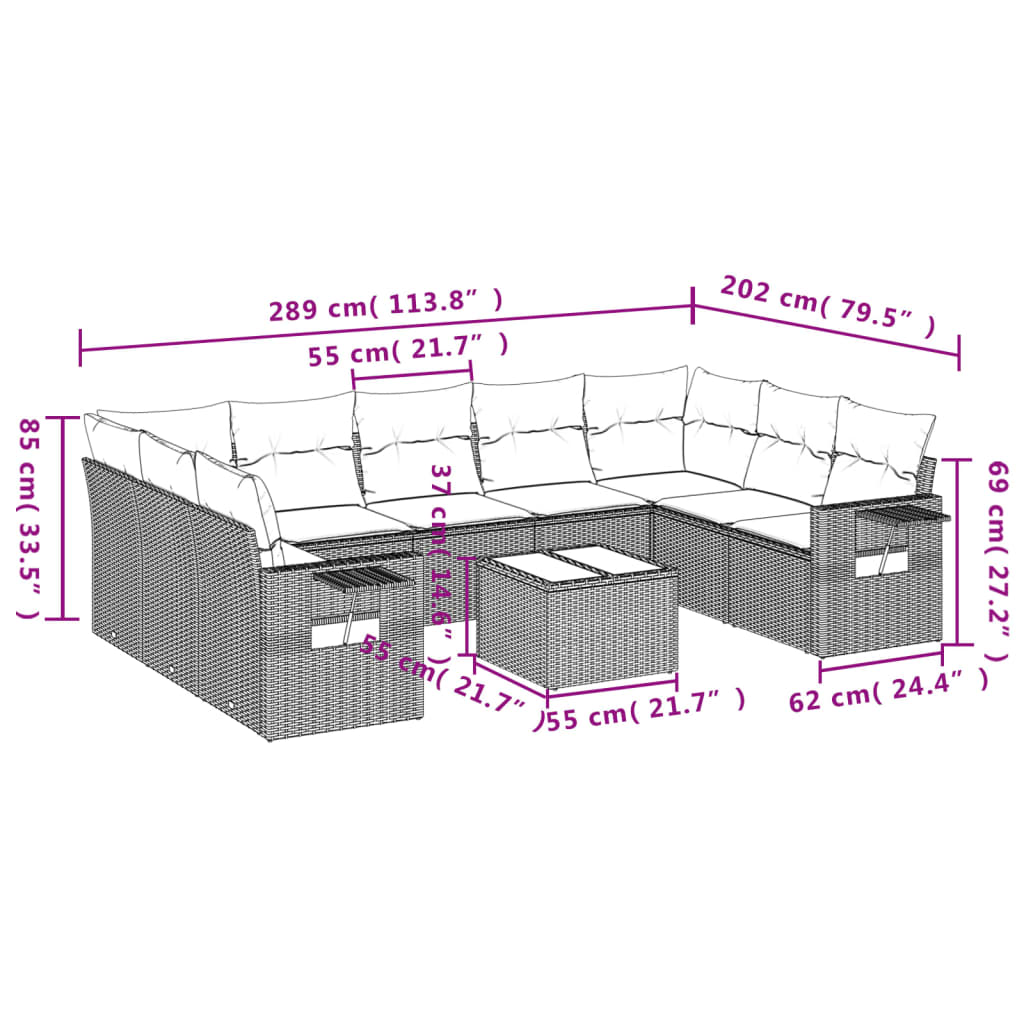 10 Pcs conjunto sofás de jardim c/ almofadões vime PE cinzento