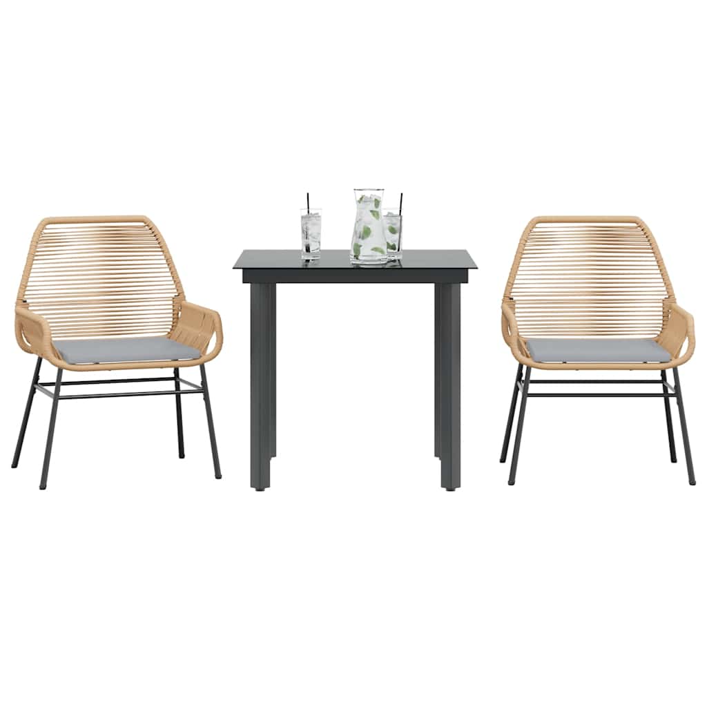 Conjunto jantar jardim 3 peças almofadas vidro vime PE castanho