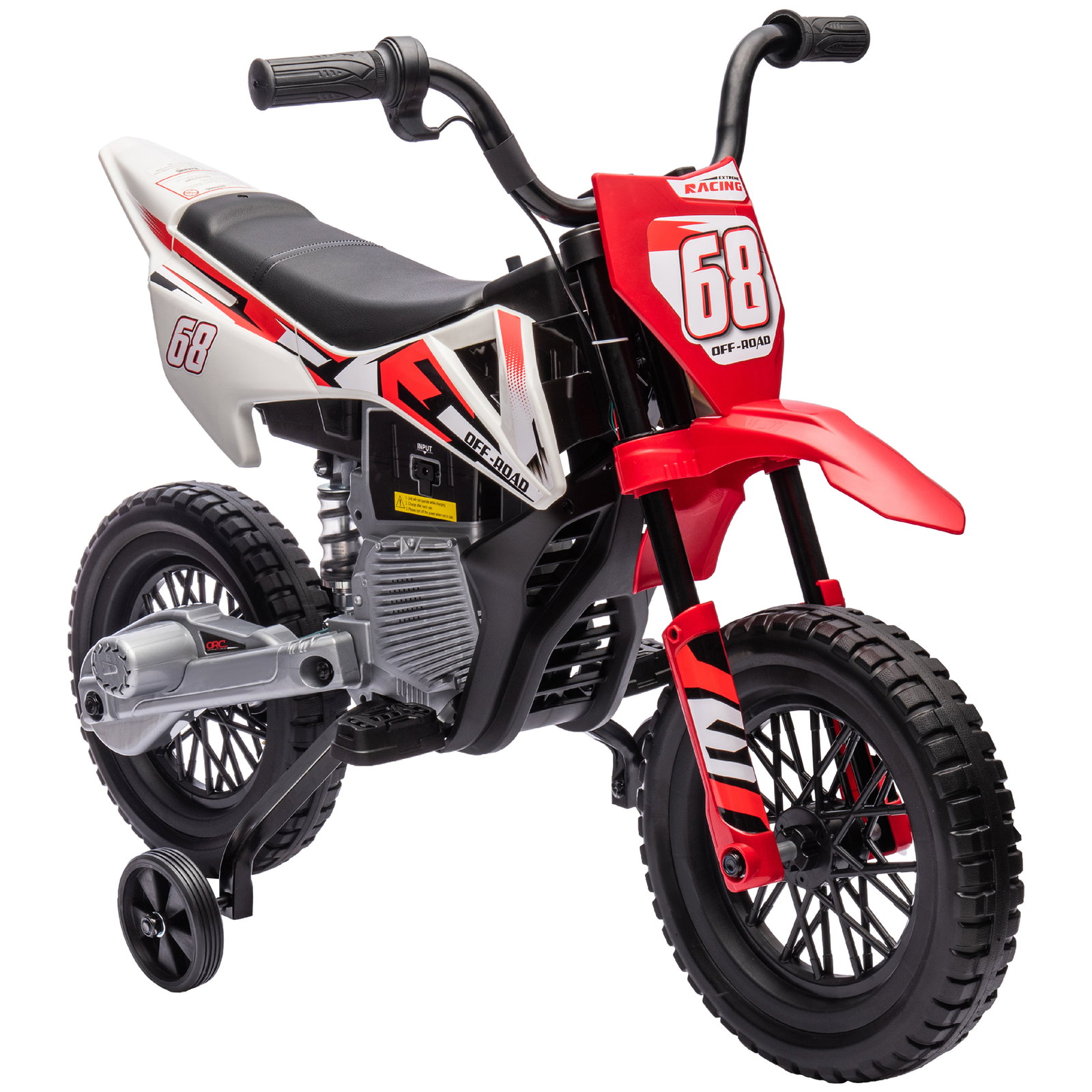 Mota elétrica para crianças com bateria 12v música velocidade 2,4-5 km/h e rodas auxiliares 107x56x70 cm vermelho