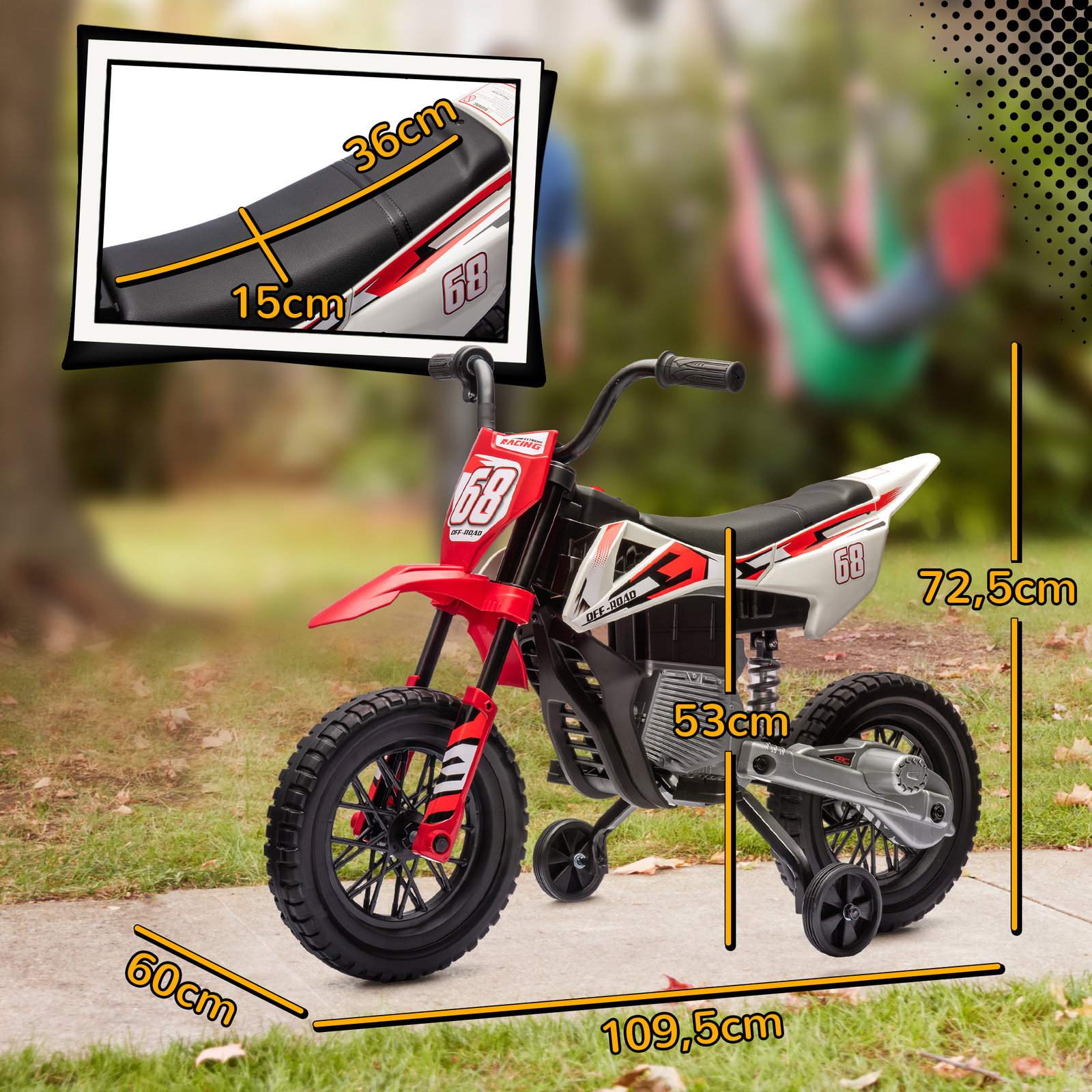 Mota elétrica para crianças com bateria 12v música velocidade 2,4-5 km/h e rodas auxiliares 107x56x70 cm vermelho