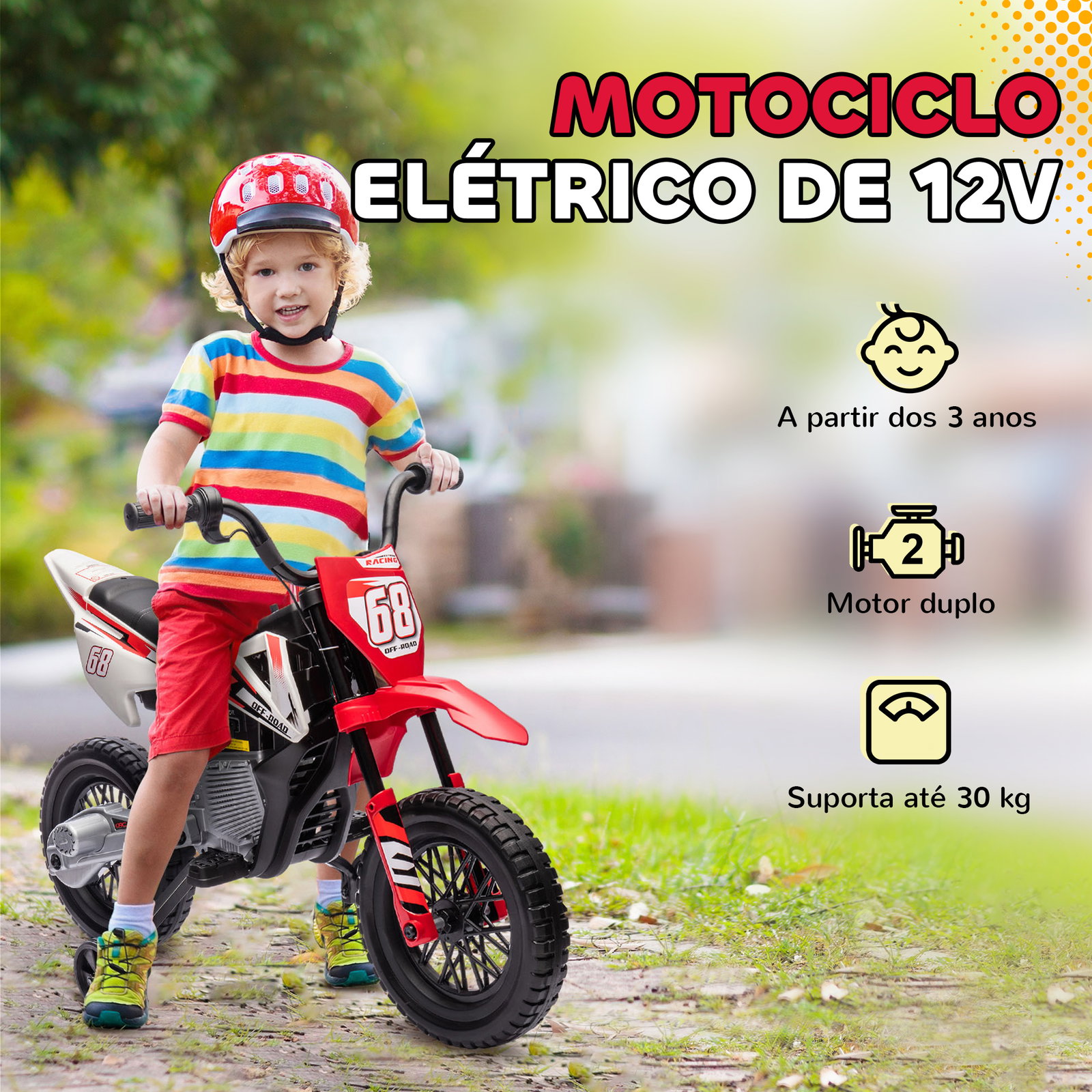Mota elétrica para crianças com bateria 12v música velocidade 2,4-5 km/h e rodas auxiliares 107x56x70 cm vermelho