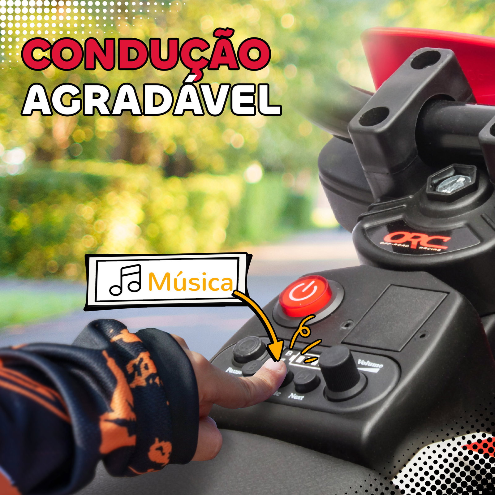 Mota elétrica para crianças com bateria 12v música velocidade 2,4-5 km/h e rodas auxiliares 107x56x70 cm vermelho