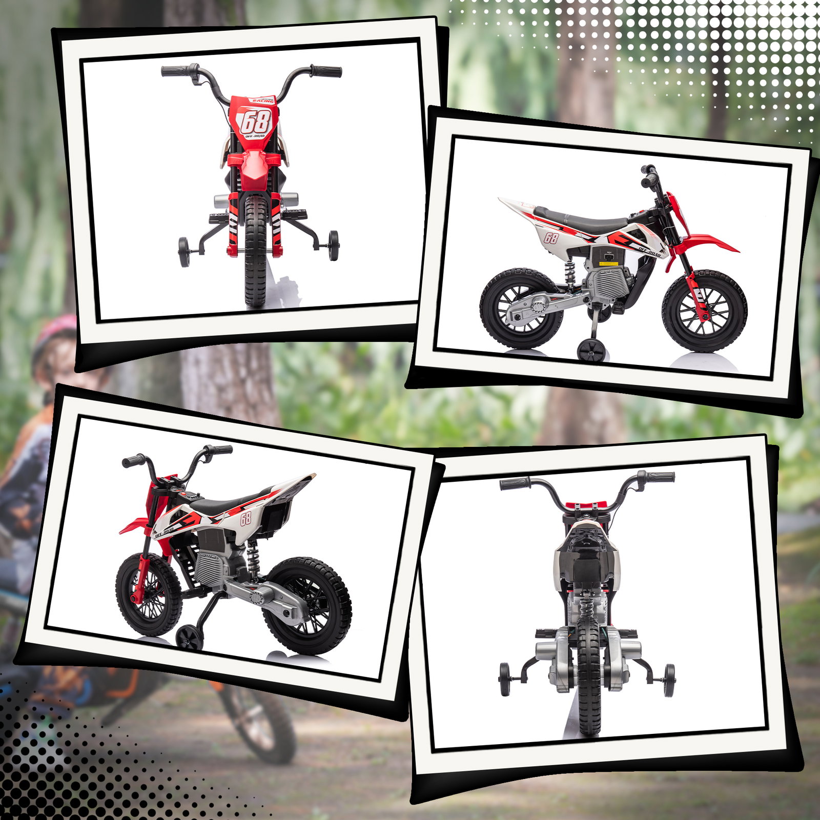 Mota elétrica para crianças com bateria 12v música velocidade 2,4-5 km/h e rodas auxiliares 107x56x70 cm vermelho