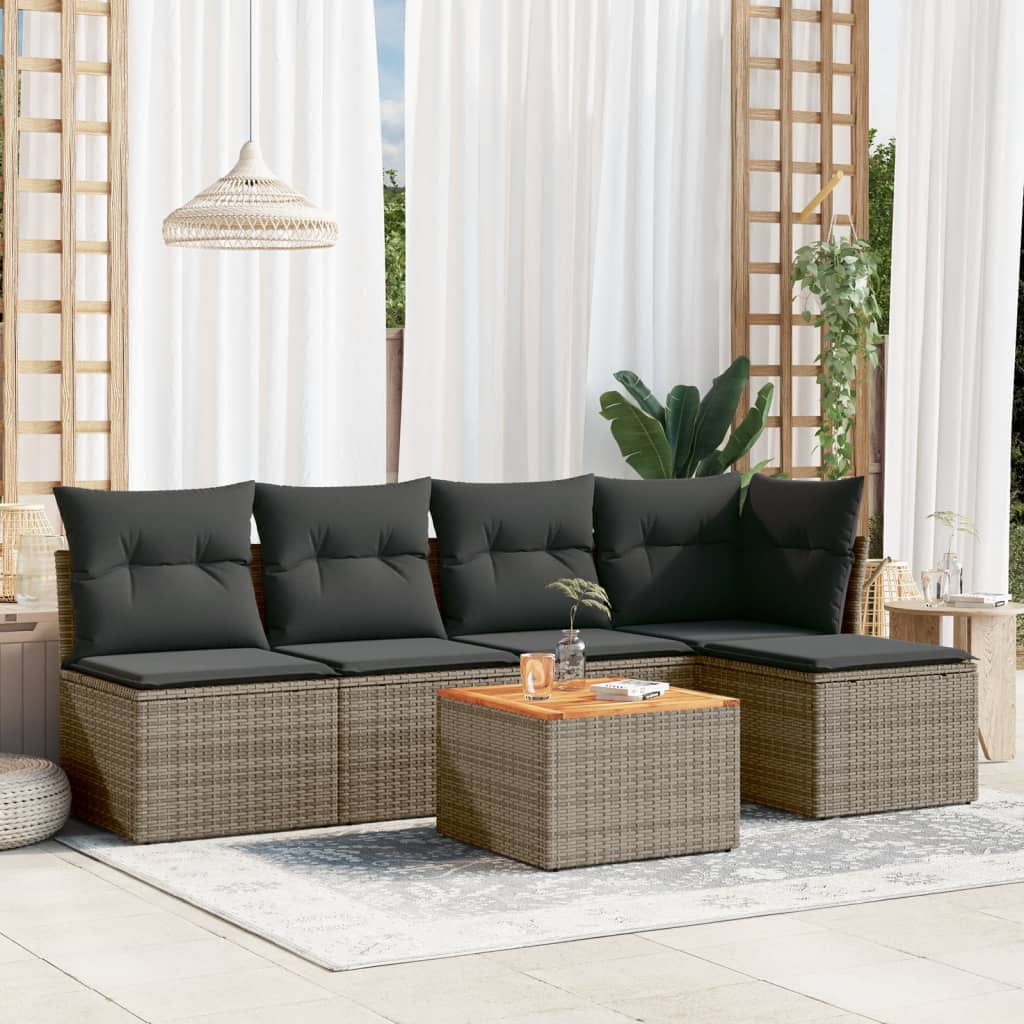 6 Pcs conjunto sofás de jardim com almofadões vime cinzento