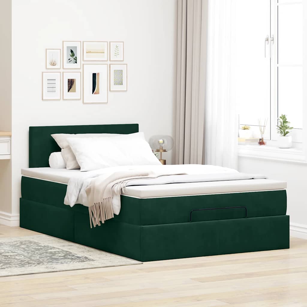 Estrutura de cama otomana com colchão verde escuro veludo