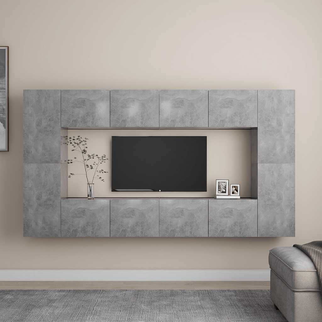 8 Pcs conjunto de móveis de TV contraplacado cinzento cimento