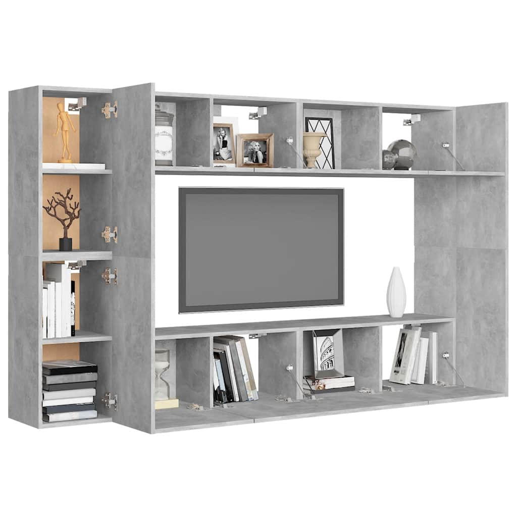8 Pcs conjunto de móveis de TV contraplacado cinzento cimento