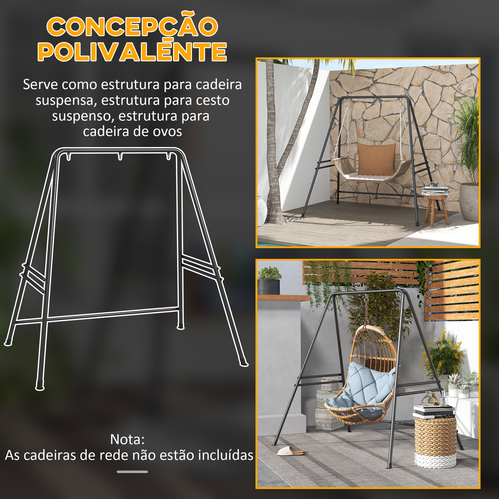 Suporte para cadeira suspensa 130 cm suporte para baloiço com estrutura em aço capacidade 150 kg para pátio jardim preto