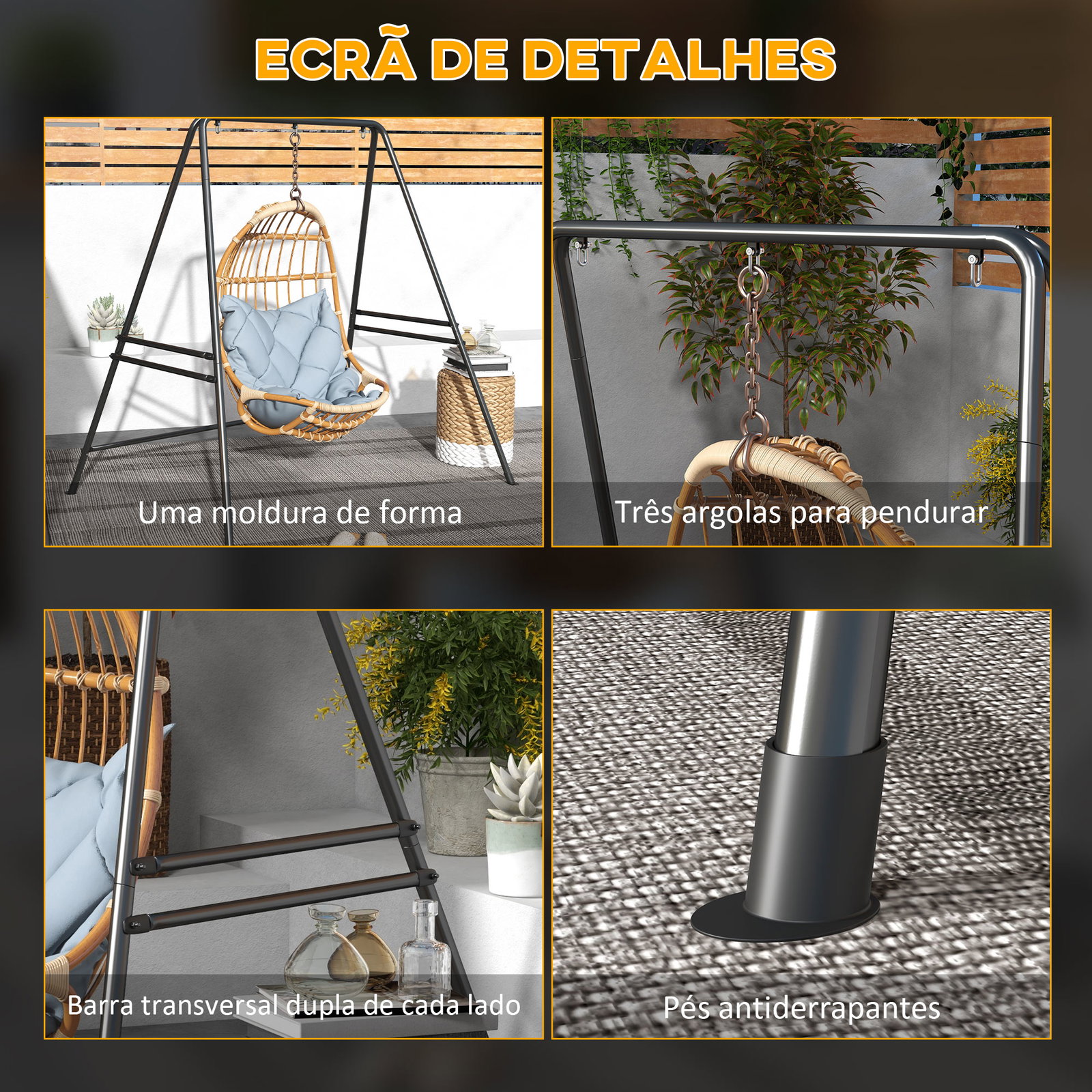 Suporte para cadeira suspensa 130 cm suporte para baloiço com estrutura em aço capacidade 150 kg para pátio jardim preto
