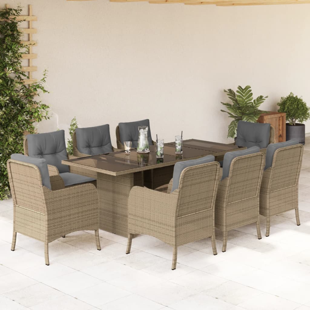 9 Pcs conjunto de jantar p/ jardim com almofadões vime PE bege
