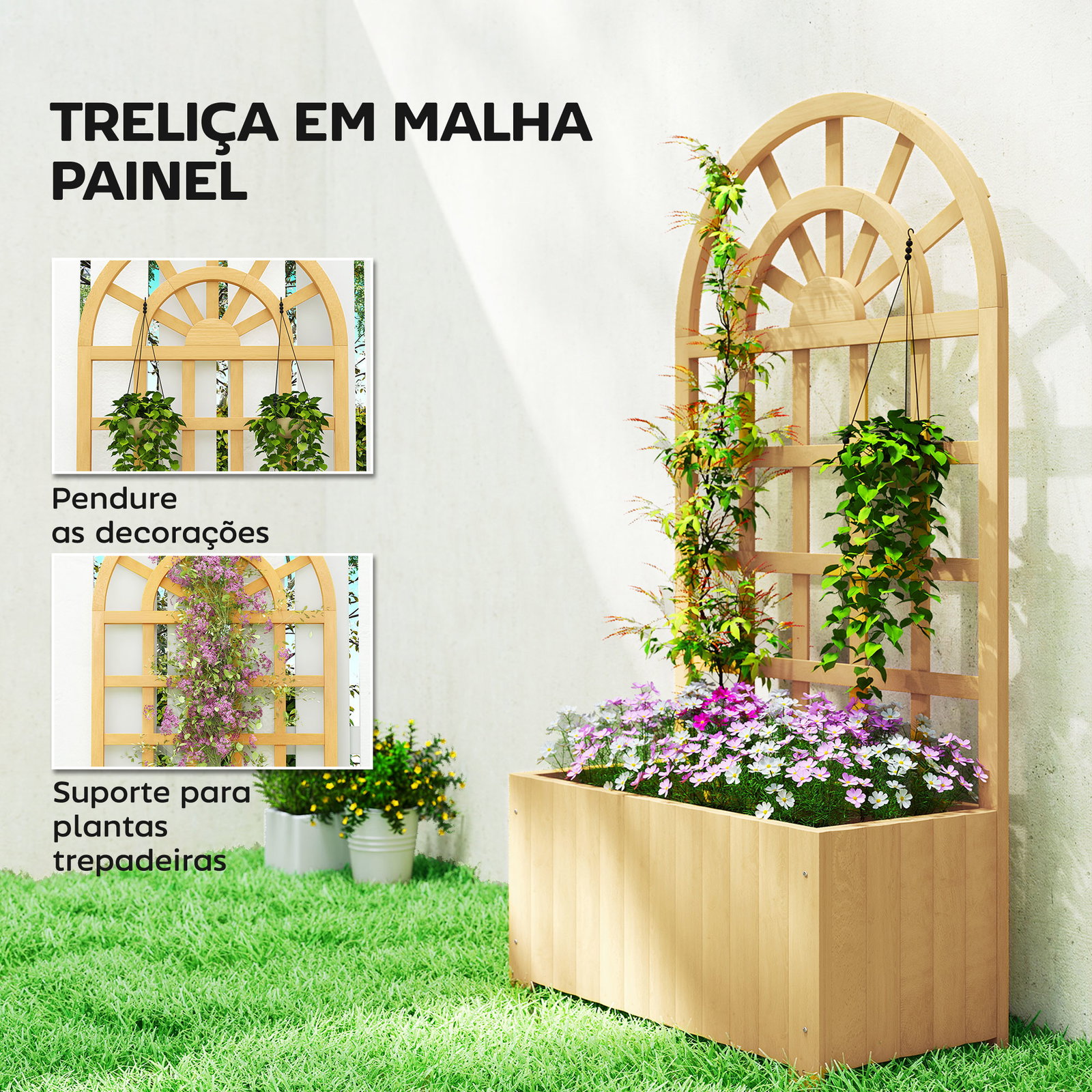Floreira com treliça de madeira para plantas trepadeiras com orifícios de drenagem floreira elevada 60x30x120 cm madeira