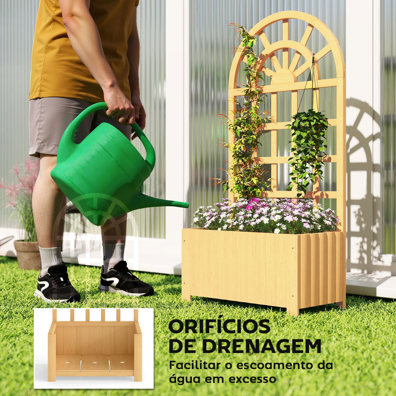 Floreira com treliça de madeira para plantas trepadeiras com orifícios de drenagem floreira elevada 60x30x120 cm madeira