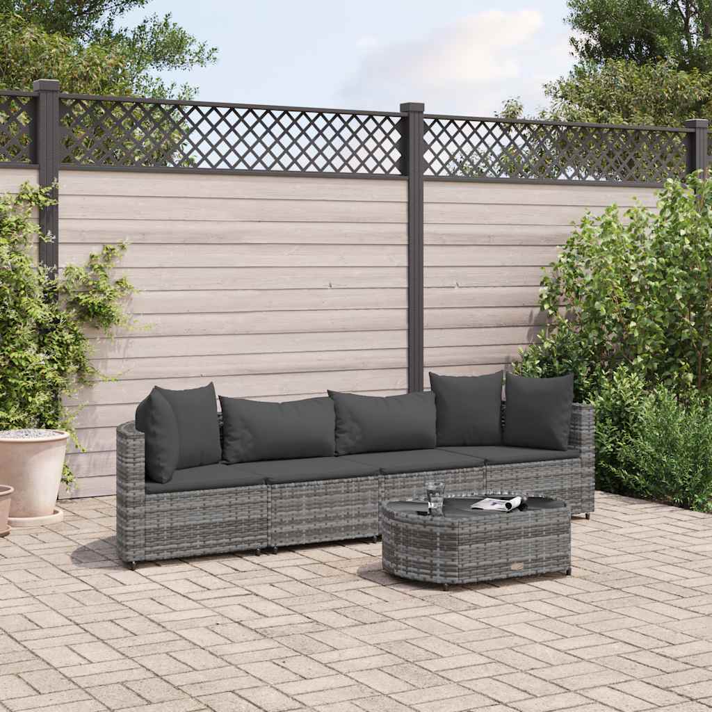 5 Pcs conjunto sofás de jardim c/ almofadões vime PE cinzento